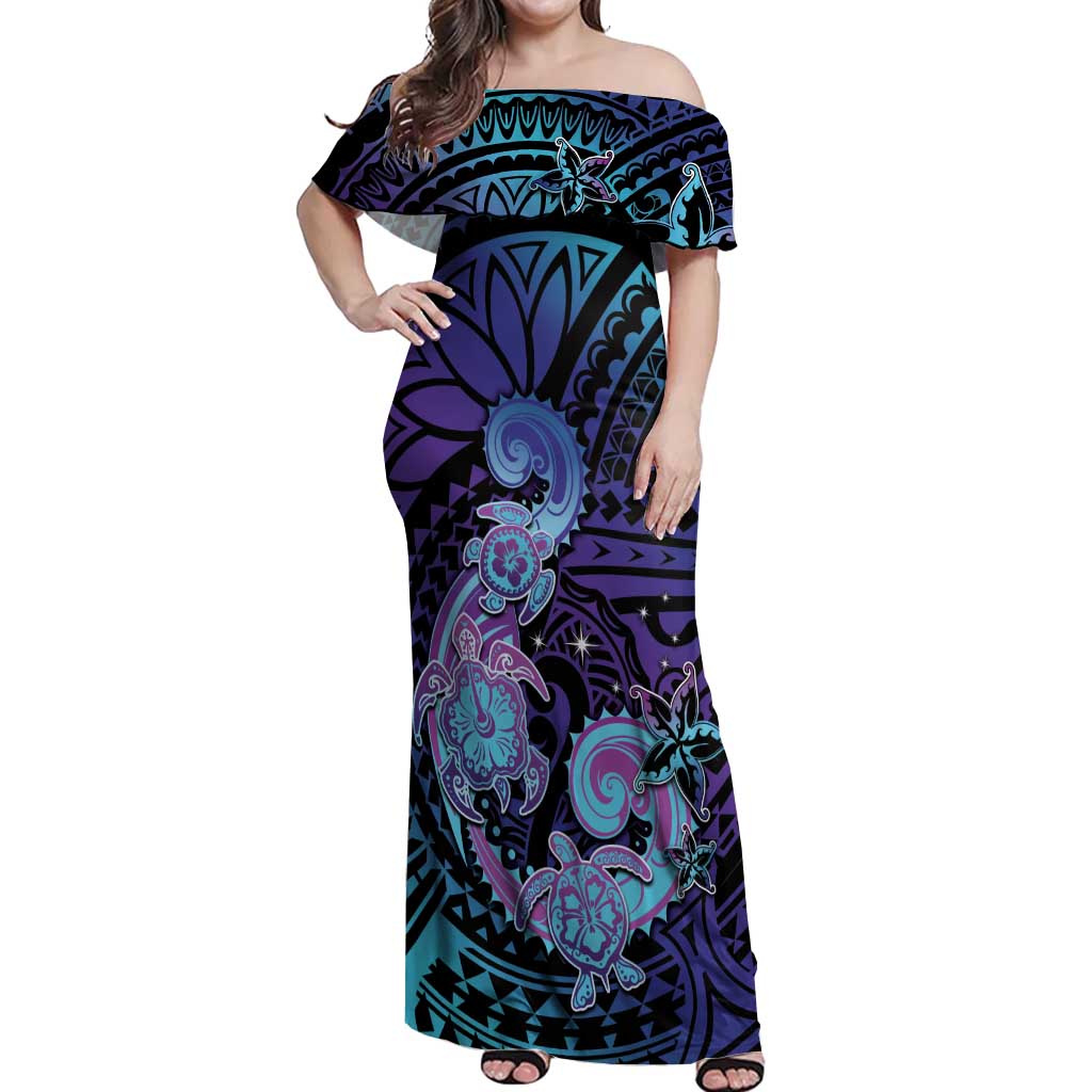 Hawaii Makahiki Turtle Off Shoulder Maxi Dress Spiral Polynesian Tattoo