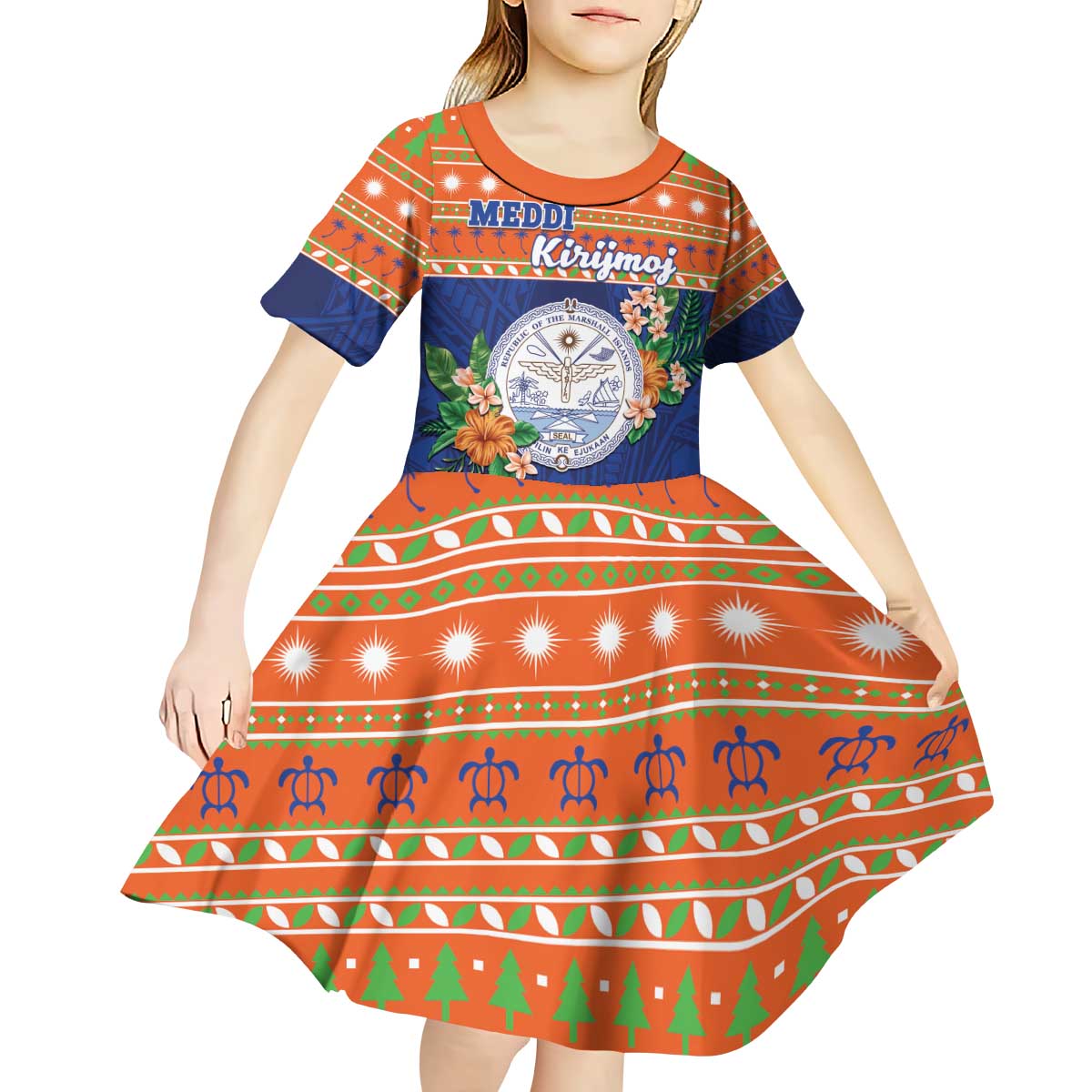 Marshall Islands Christmas Kid Short Sleeve Dress Marshallese Seal Meddi Kirijmoj