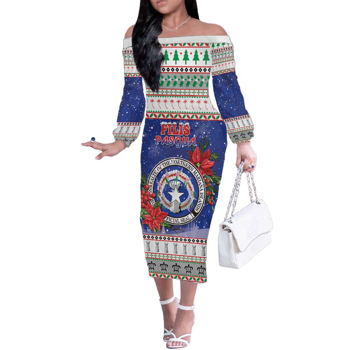 Northern Mariana Islands Christmas Family Matching Off The Shoulder Long Sleeve Dress and Hawaiian Shirt Poinsettia Filis Pasgua