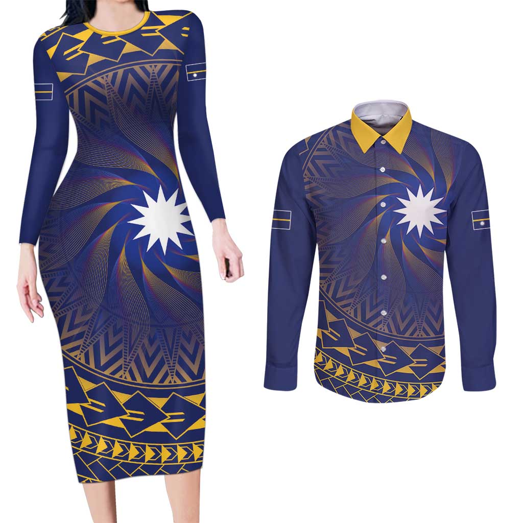 Nauru Angam Day Couples Matching Long Sleeve Bodycon Dress and Long Sleeve Button Shirt Polynesian Tribal Pattern Unique Style - Polynesian Pride