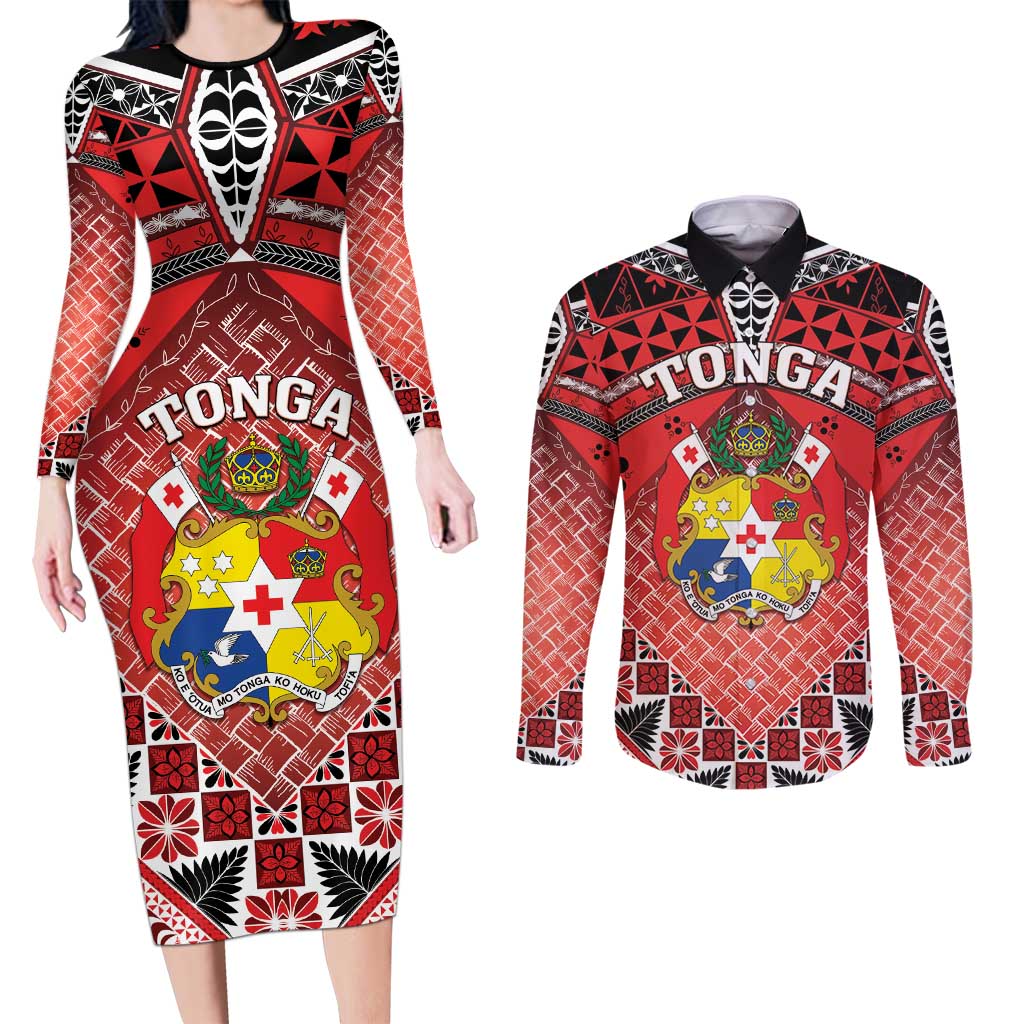 Personalised Tonga Constitution Day Couples Matching Long Sleeve Bodycon Dress and Long Sleeve Button Shirt 150 Years Jubilee LT05 Red - Polynesian Pride