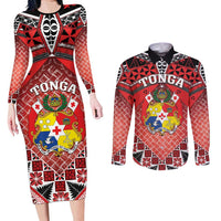 Personalised Tonga Constitution Day Couples Matching Long Sleeve Bodycon Dress and Long Sleeve Button Shirt 150 Years Jubilee LT05 Red - Polynesian Pride