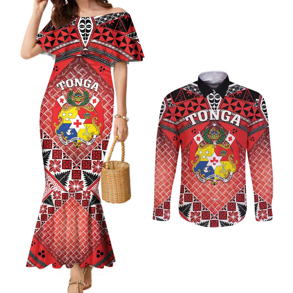 Personalised Tonga Constitution Day Couples Matching Mermaid Dress and Long Sleeve Button Shirt 150 Years Jubilee LT05 Red - Polynesian Pride