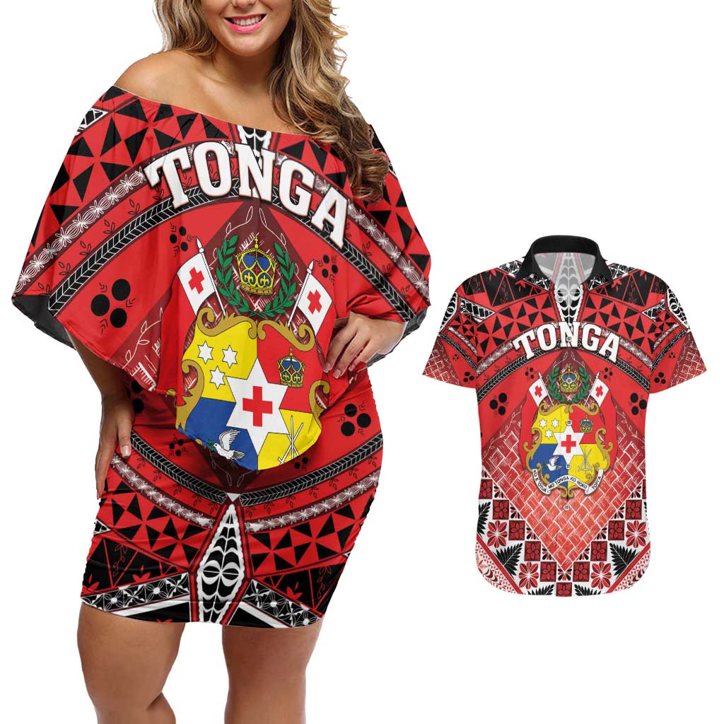 Personalised Tonga Constitution Day Couples Matching Off Shoulder Short Dress and Hawaiian Shirt 150 Years Jubilee - Polynesian Pride