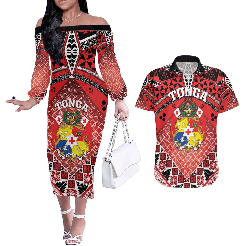 Personalised Tonga Constitution Day Couples Matching Off The Shoulder Long Sleeve Dress and Hawaiian Shirt 150 Years Jubilee - Polynesian Pride