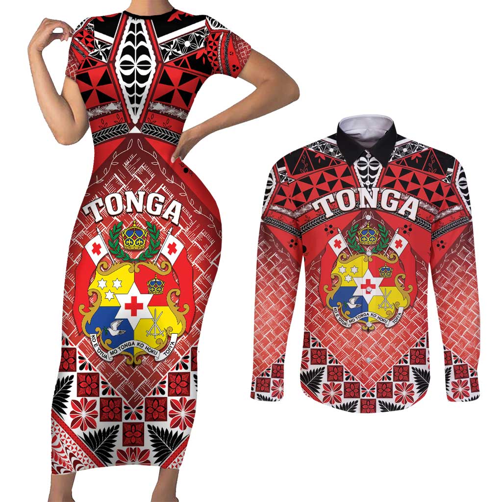 Personalised Tonga Constitution Day Couples Matching Short Sleeve Bodycon Dress and Long Sleeve Button Shirt 150 Years Jubilee LT05 Red - Polynesian Pride