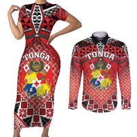 Personalised Tonga Constitution Day Couples Matching Short Sleeve Bodycon Dress and Long Sleeve Button Shirt 150 Years Jubilee LT05 Red - Polynesian Pride