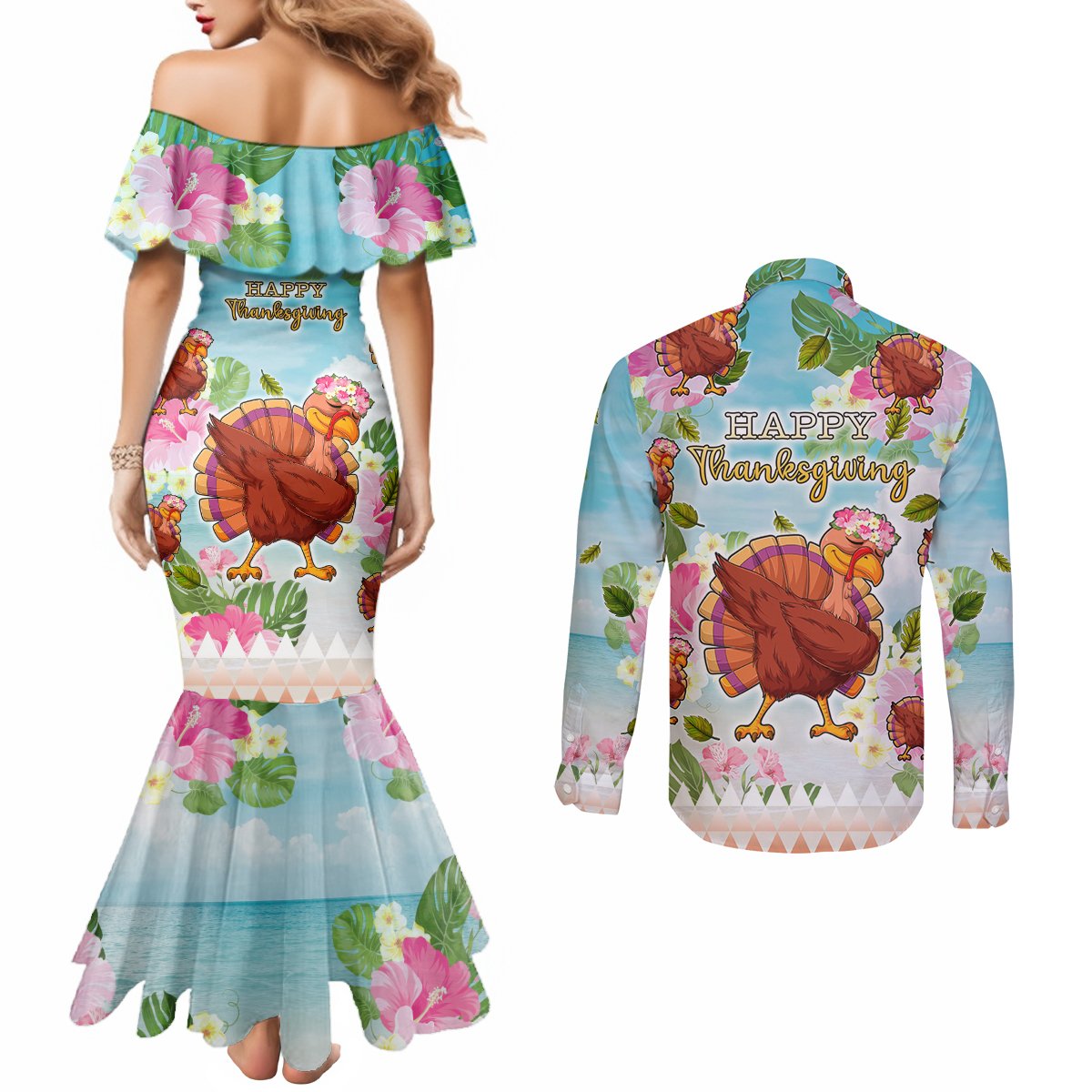 Hawaii Thanksgiving Couples Matching Mermaid Dress and Long Sleeve Button Shirt Funny Turkey Dabbing Dance LT05 - Polynesian Pride