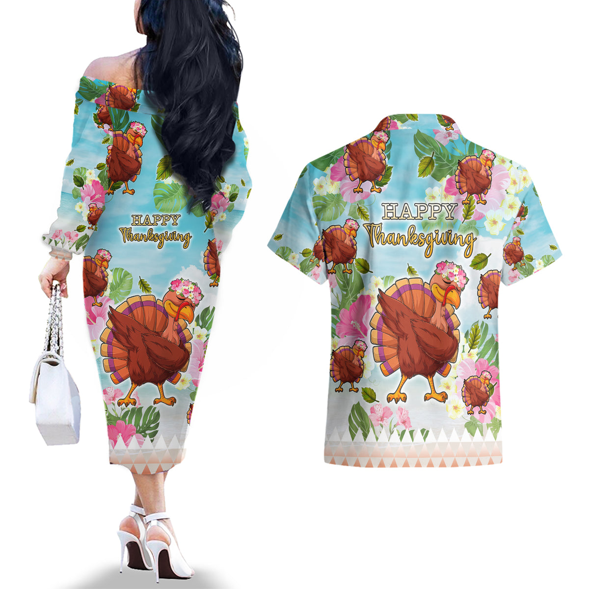 Hawaii Thanksgiving Couples Matching Off The Shoulder Long Sleeve Dress and Hawaiian Shirt Funny Turkey Dabbing Dance LT05 - Polynesian Pride
