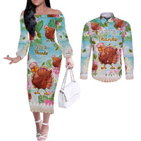 Hawaii Thanksgiving Couples Matching Off The Shoulder Long Sleeve Dress and Long Sleeve Button Shirt Funny Turkey Dabbing Dance LT05 Blue - Polynesian Pride
