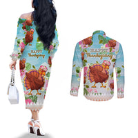 Hawaii Thanksgiving Couples Matching Off The Shoulder Long Sleeve Dress and Long Sleeve Button Shirt Funny Turkey Dabbing Dance LT05 - Polynesian Pride