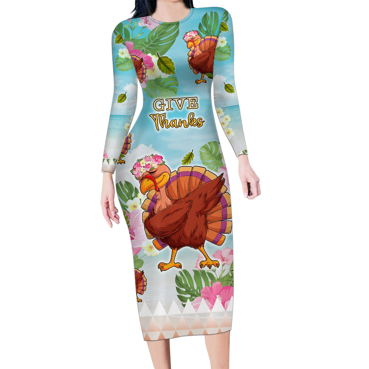 Hawaii Thanksgiving Family Matching Long Sleeve Bodycon Dress and Hawaiian Shirt Funny Turkey Dabbing Dance LT05 Mom's Dress Blue - Polynesian Pride