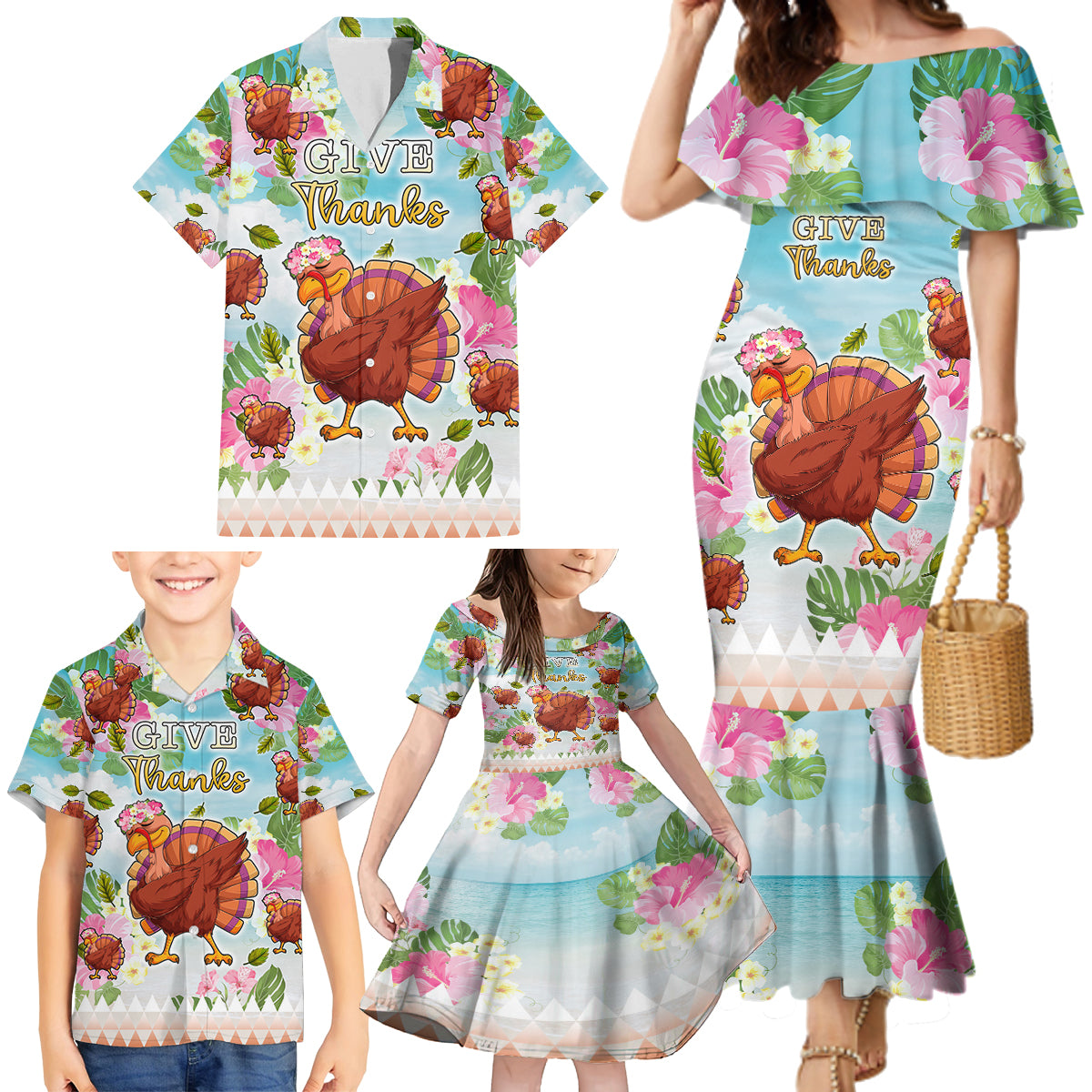 Hawaii Thanksgiving Family Matching Mermaid Dress and Hawaiian Shirt Funny Turkey Dabbing Dance LT05 - Polynesian Pride
