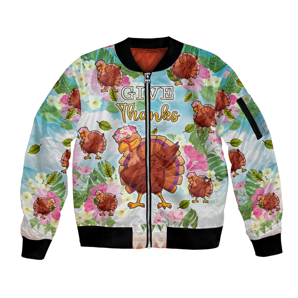 Hawaii Thanksgiving Sleeve Zip Bomber Jacket Funny Turkey Dabbing Dance LT05 Unisex Blue - Polynesian Pride