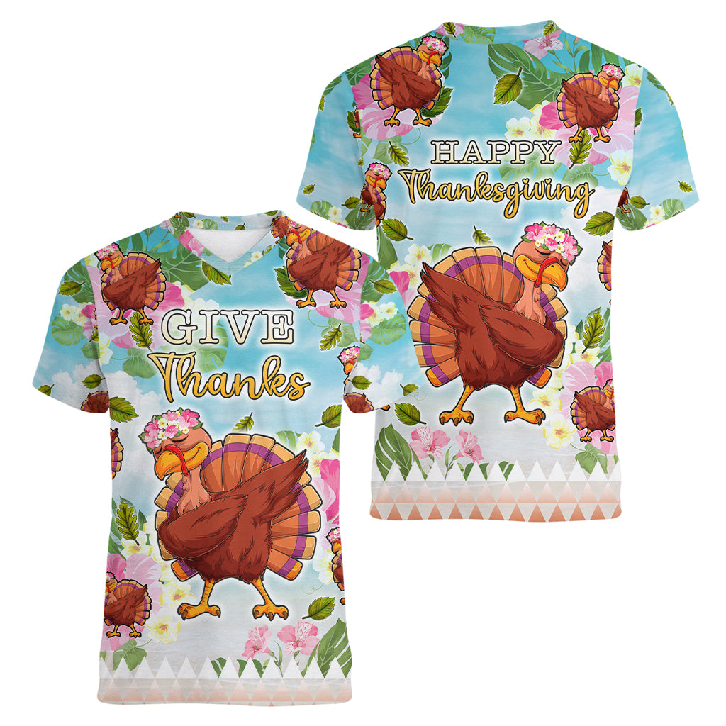 Hawaii Thanksgiving Women V Neck T Shirt Funny Turkey Dabbing Dance LT05 - Polynesian Pride