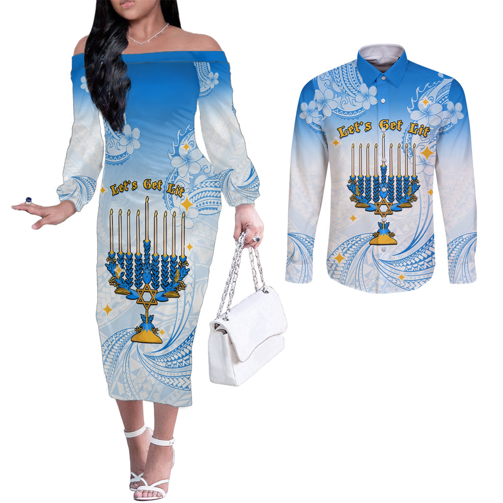 Polynesia Hanukkah Festival Couples Matching Off The Shoulder Long Sleeve Dress and Long Sleeve Button Shirt With Menorah Polynesian Style LT05 Blue - Polynesian Pride