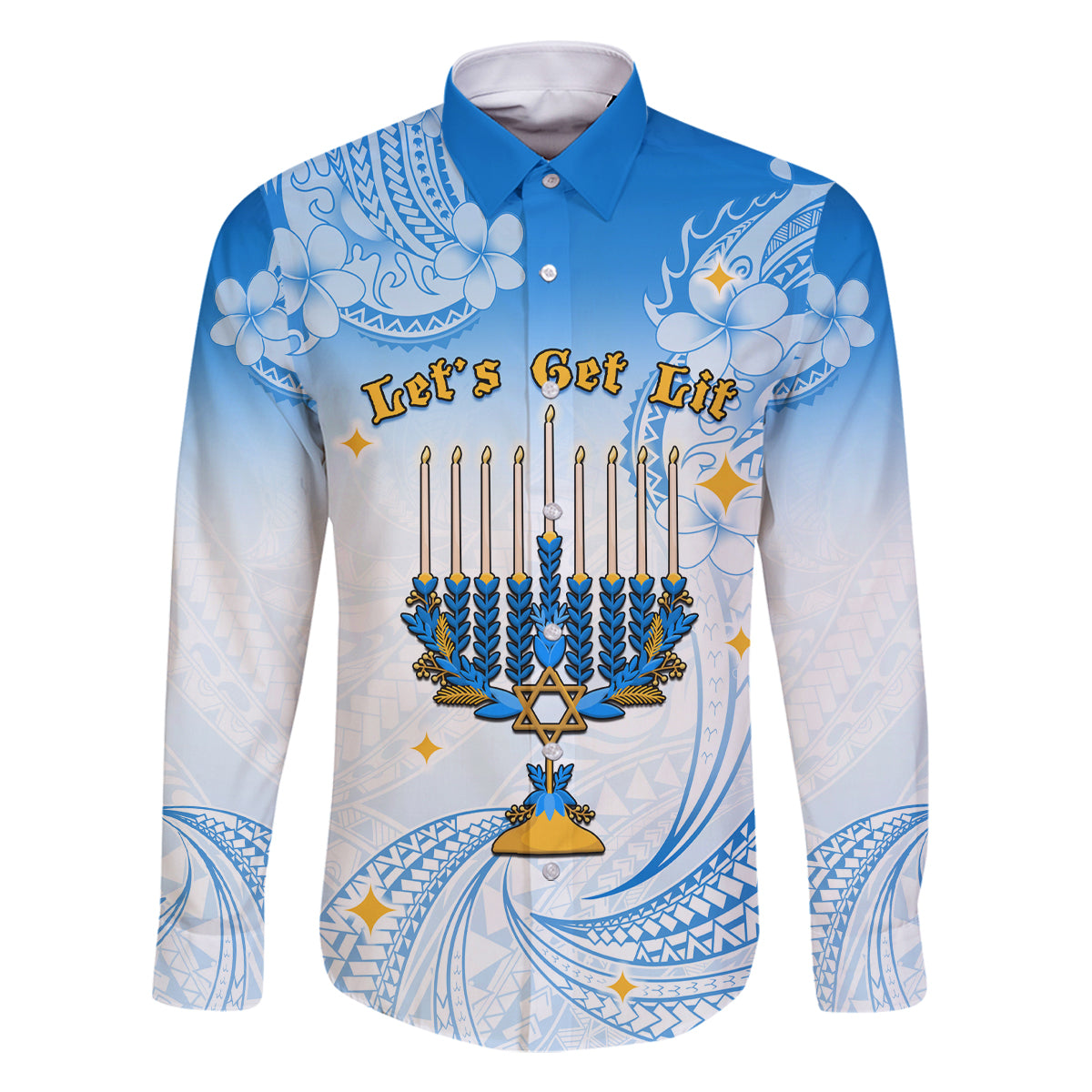Polynesia Hanukkah Festival Family Matching Mermaid Dress and Hawaiian Shirt With Menorah Polynesian Style LT05 Dad's Shirt - Long Sleeve Blue - Polynesian Pride