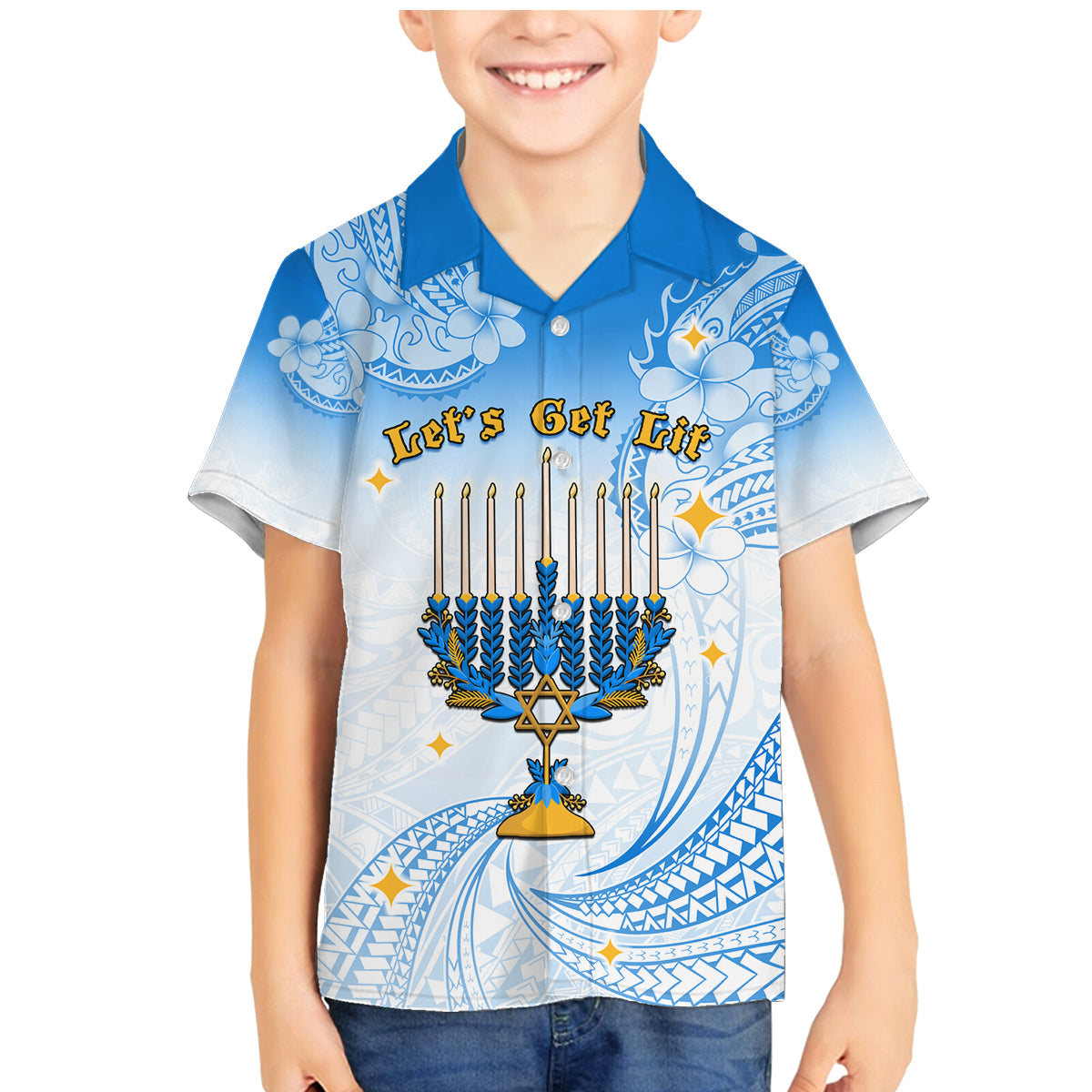 Polynesia Hanukkah Festival Family Matching Mermaid Dress and Hawaiian Shirt With Menorah Polynesian Style LT05 Son's Shirt Blue - Polynesian Pride