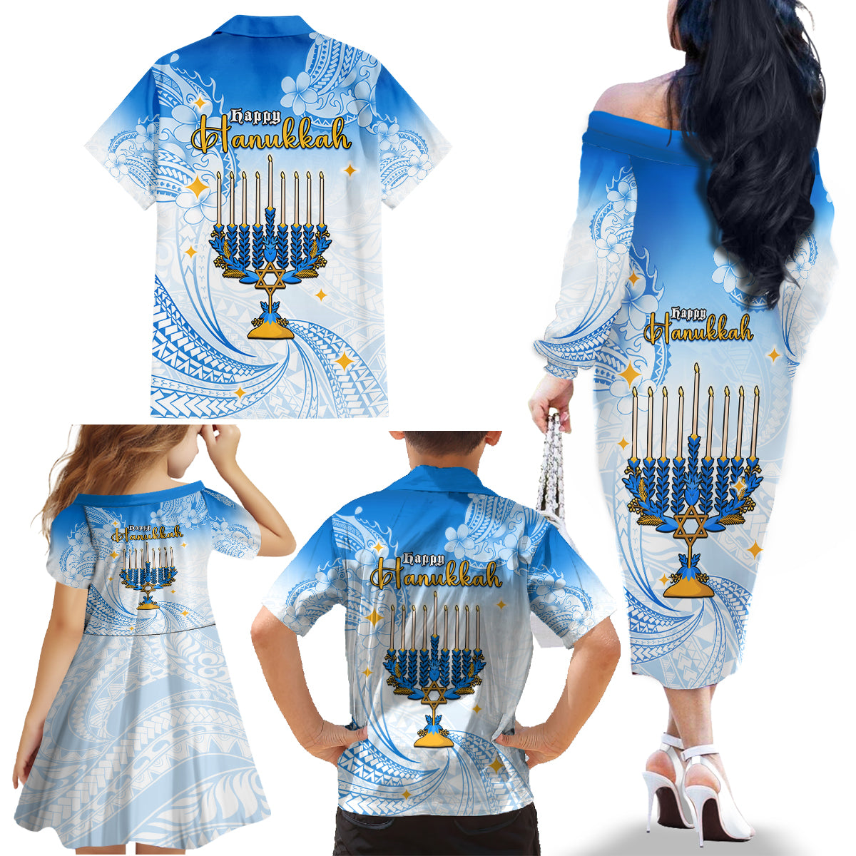 Polynesia Hanukkah Festival Family Matching Off Shoulder Long Sleeve Dress and Hawaiian Shirt With Menorah Polynesian Style LT05 - Polynesian Pride