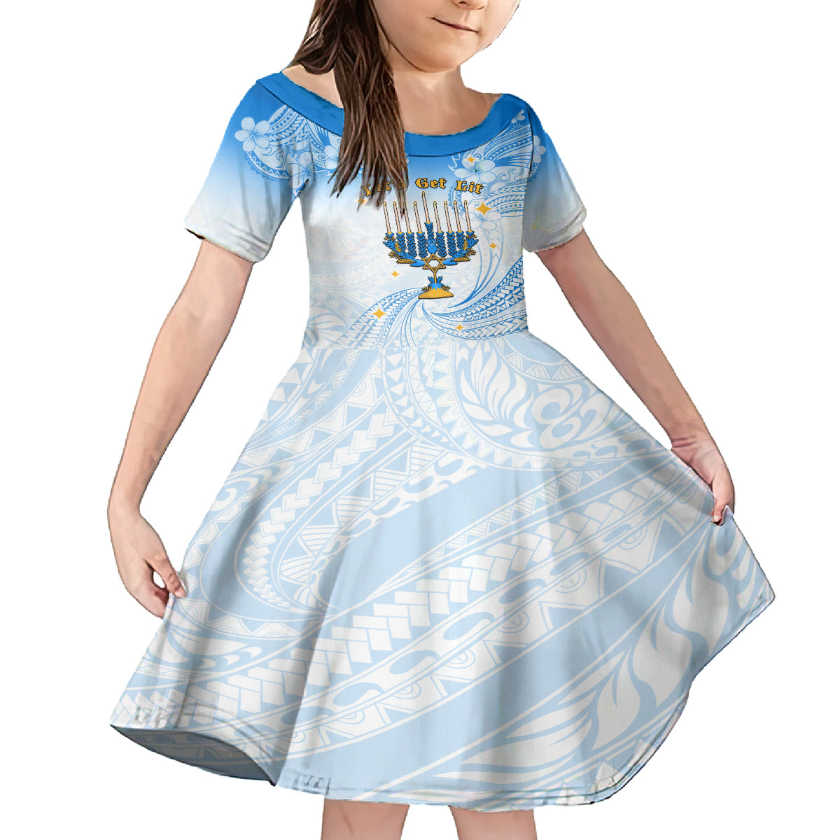 Polynesia Hanukkah Festival Family Matching Puletasi Dress and Hawaiian Shirt With Menorah Polynesian Style LT05 Daughter's Dress Blue - Polynesian Pride