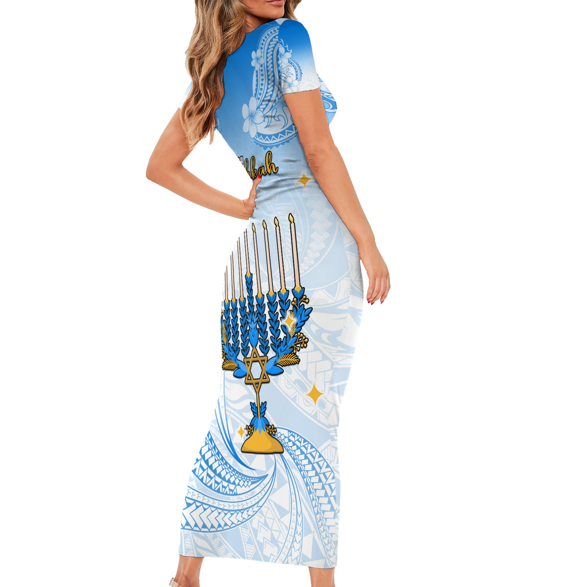 Polynesia Hanukkah Festival Family Matching Short Sleeve Bodycon Dress and Hawaiian Shirt With Menorah Polynesian Style LT05 - Polynesian Pride