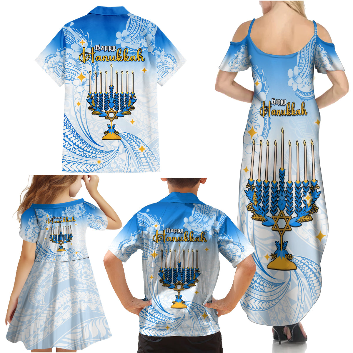 Polynesia Hanukkah Festival Family Matching Summer Maxi Dress and Hawaiian Shirt With Menorah Polynesian Style LT05 - Polynesian Pride