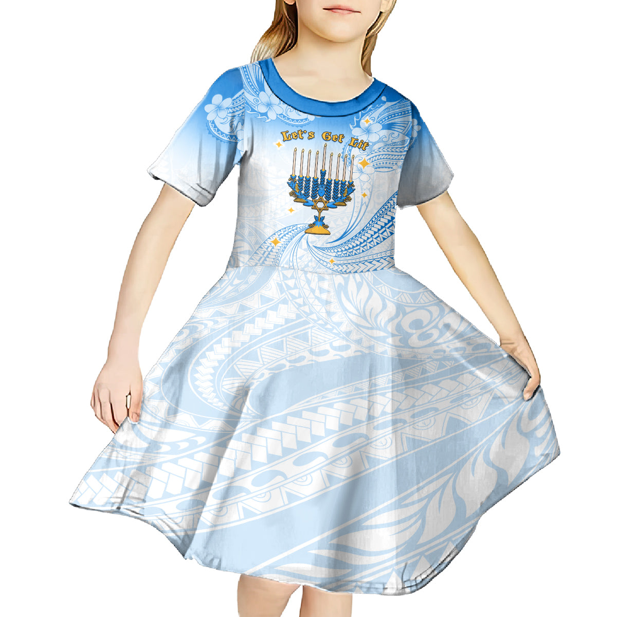 Polynesia Hanukkah Festival Kid Short Sleeve Dress With Menorah Polynesian Style LT05 - Polynesian Pride