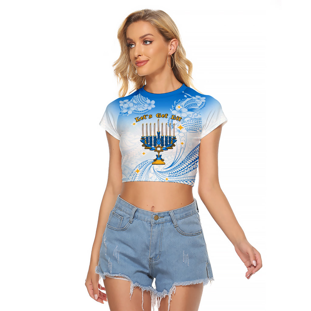 Polynesia Hanukkah Festival Raglan Cropped T Shirt With Menorah Polynesian Style LT05 Female Blue - Polynesian Pride