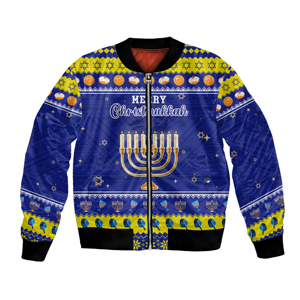 Personalised Polynesia Christmukkah Bomber Jacket Menorah With Polynesian Tribal Pattern LT05 Unisex Blue - Polynesian Pride