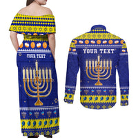 Personalised Polynesia Christmukkah Couples Matching Off Shoulder Maxi Dress and Long Sleeve Button Shirt Menorah With Polynesian Tribal Pattern LT05 - Polynesian Pride