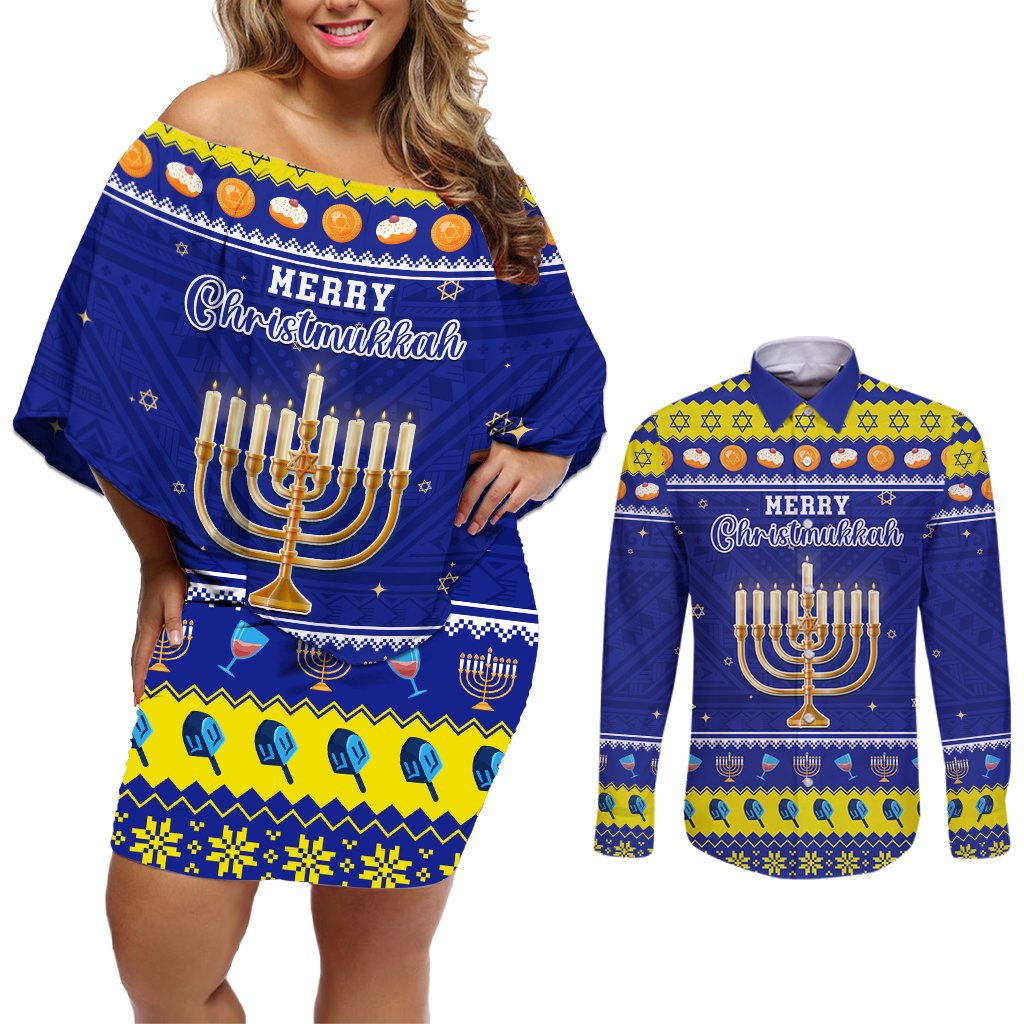 Personalised Polynesia Christmukkah Couples Matching Off Shoulder Short Dress and Long Sleeve Button Shirt Menorah With Polynesian Tribal Pattern LT05 Blue - Polynesian Pride