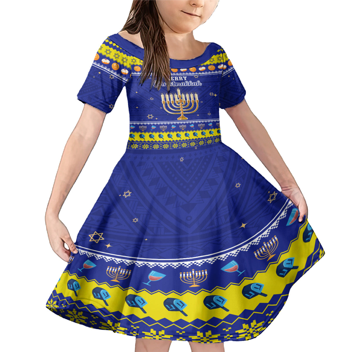 Personalised Polynesia Christmukkah Family Matching Mermaid Dress and Hawaiian Shirt Menorah With Polynesian Tribal Pattern LT05 Daughter's Dress Blue - Polynesian Pride