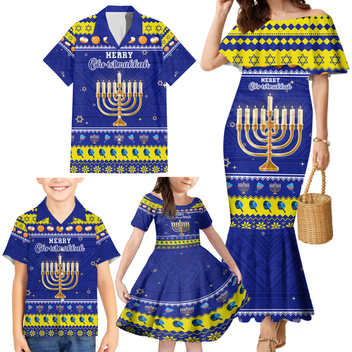 Personalised Polynesia Christmukkah Family Matching Mermaid Dress and Hawaiian Shirt Menorah With Polynesian Tribal Pattern LT05 - Polynesian Pride