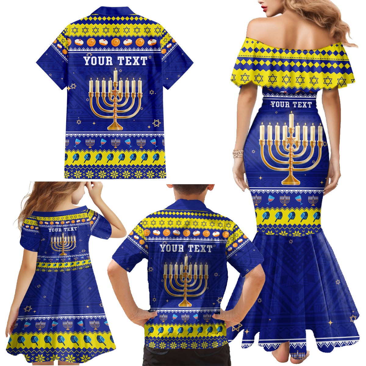 Personalised Polynesia Christmukkah Family Matching Mermaid Dress and Hawaiian Shirt Menorah With Polynesian Tribal Pattern LT05 - Polynesian Pride
