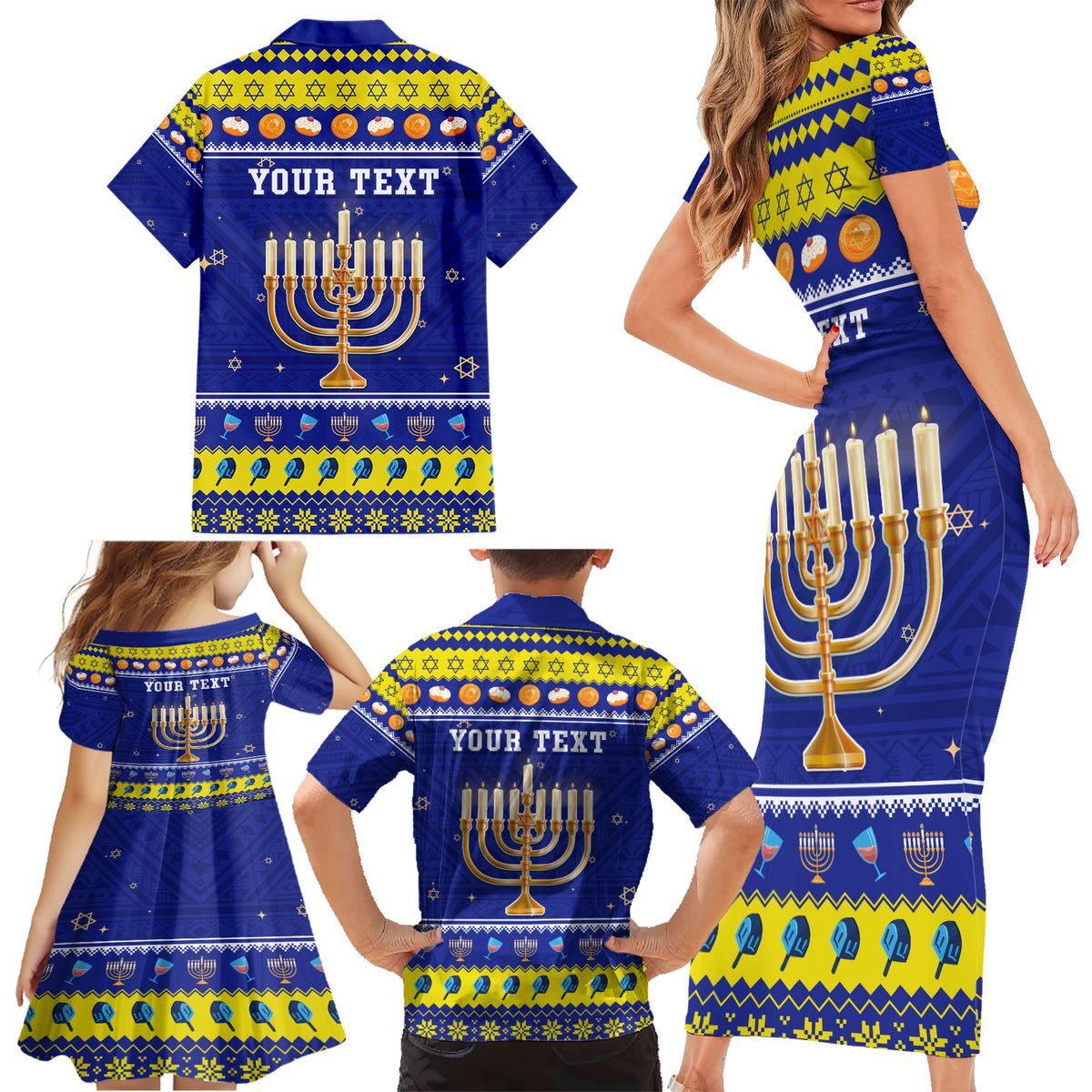 Personalised Polynesia Christmukkah Family Matching Short Sleeve Bodycon Dress and Hawaiian Shirt Menorah With Polynesian Tribal Pattern LT05 - Polynesian Pride