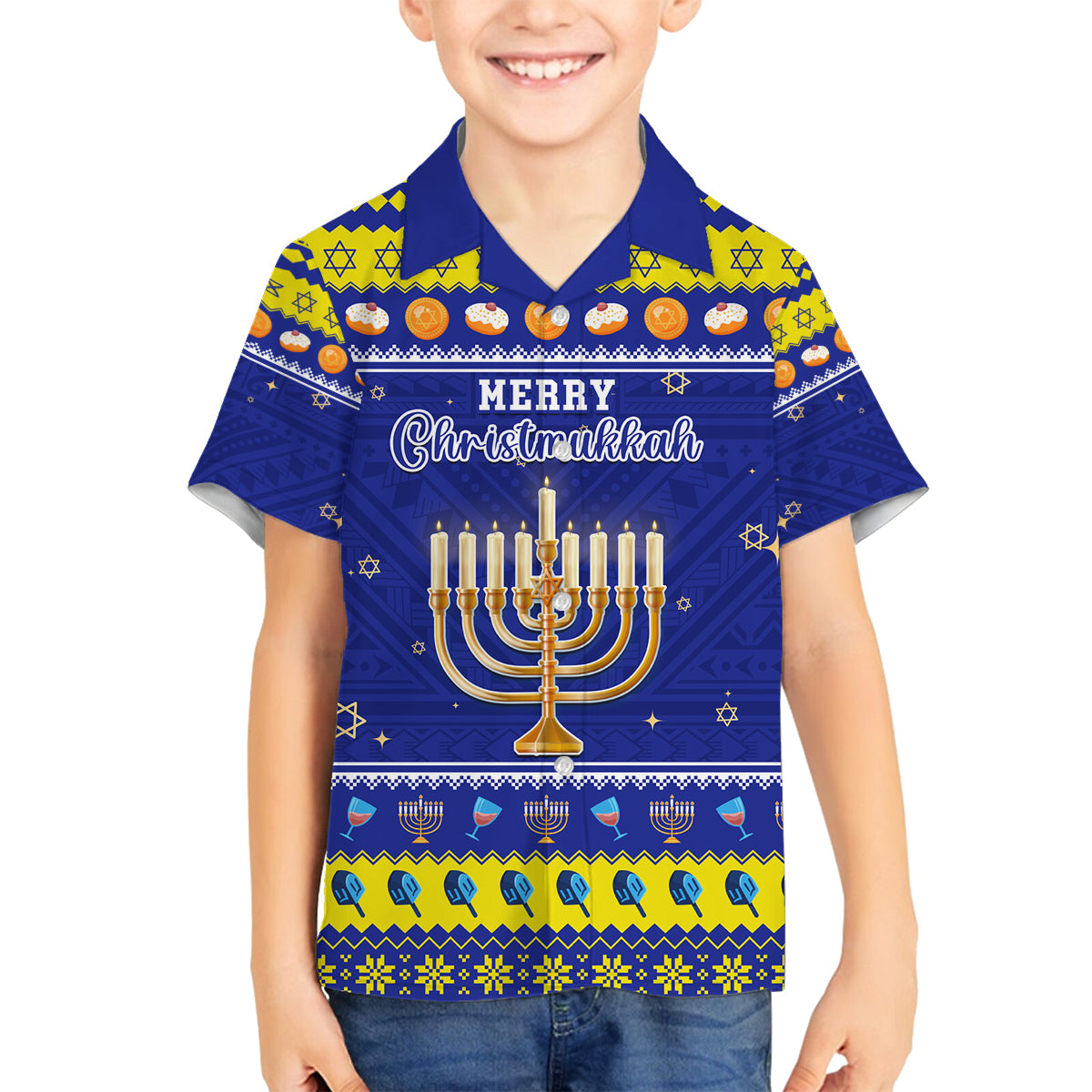 Personalised Polynesia Christmukkah Family Matching Summer Maxi Dress and Hawaiian Shirt Menorah With Polynesian Tribal Pattern LT05 Son's Shirt Blue - Polynesian Pride