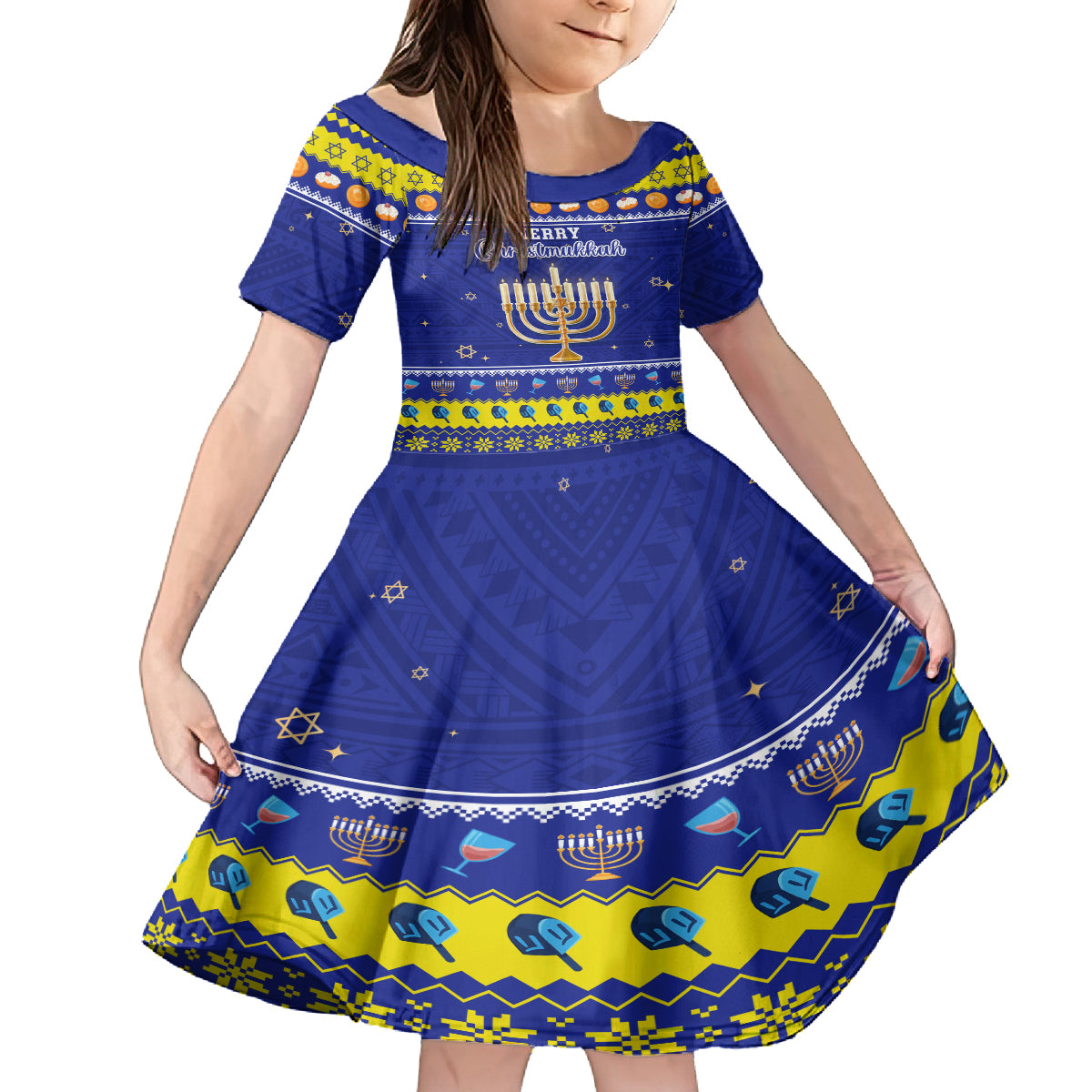 Personalised Polynesia Christmukkah Kid Short Sleeve Dress Menorah With Polynesian Tribal Pattern LT05 KID Blue - Polynesian Pride