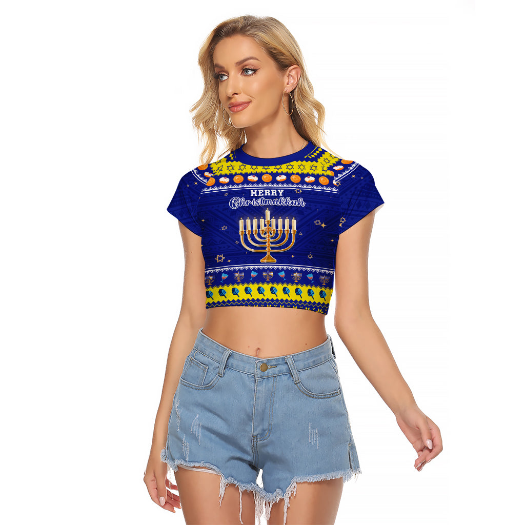 Personalised Polynesia Christmukkah Raglan Cropped T Shirt Menorah With Polynesian Tribal Pattern LT05 Female Blue - Polynesian Pride