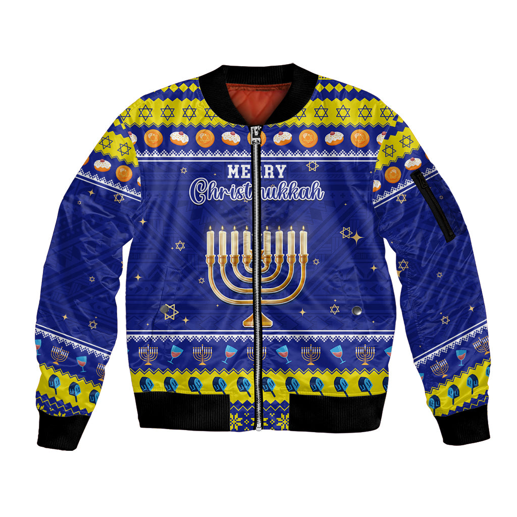 Personalised Polynesia Christmukkah Sleeve Zip Bomber Jacket Menorah With Polynesian Tribal Pattern LT05 Unisex Blue - Polynesian Pride