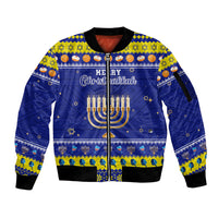 Personalised Polynesia Christmukkah Sleeve Zip Bomber Jacket Menorah With Polynesian Tribal Pattern LT05 Unisex Blue - Polynesian Pride