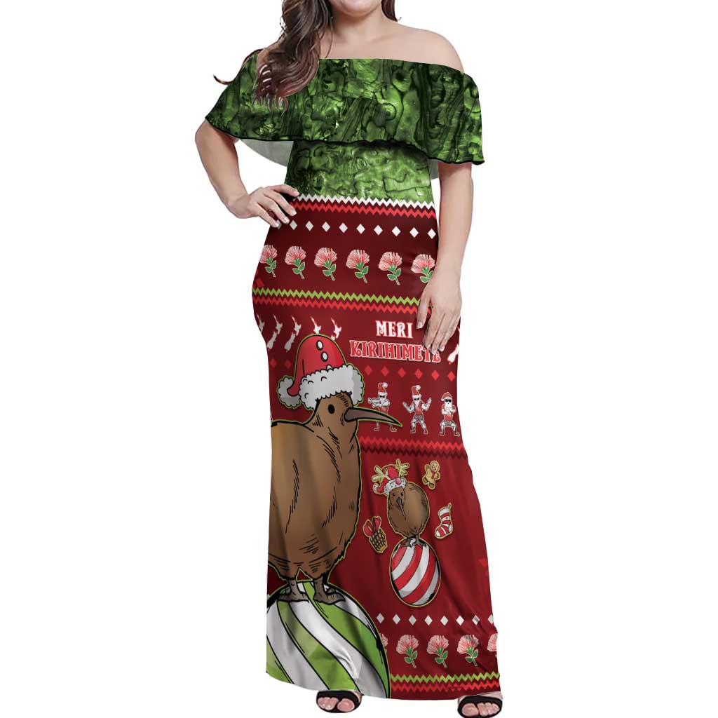 New Zealand Kiwi Christmas Off Shoulder Maxi Dress Paua Shell Glitter Green