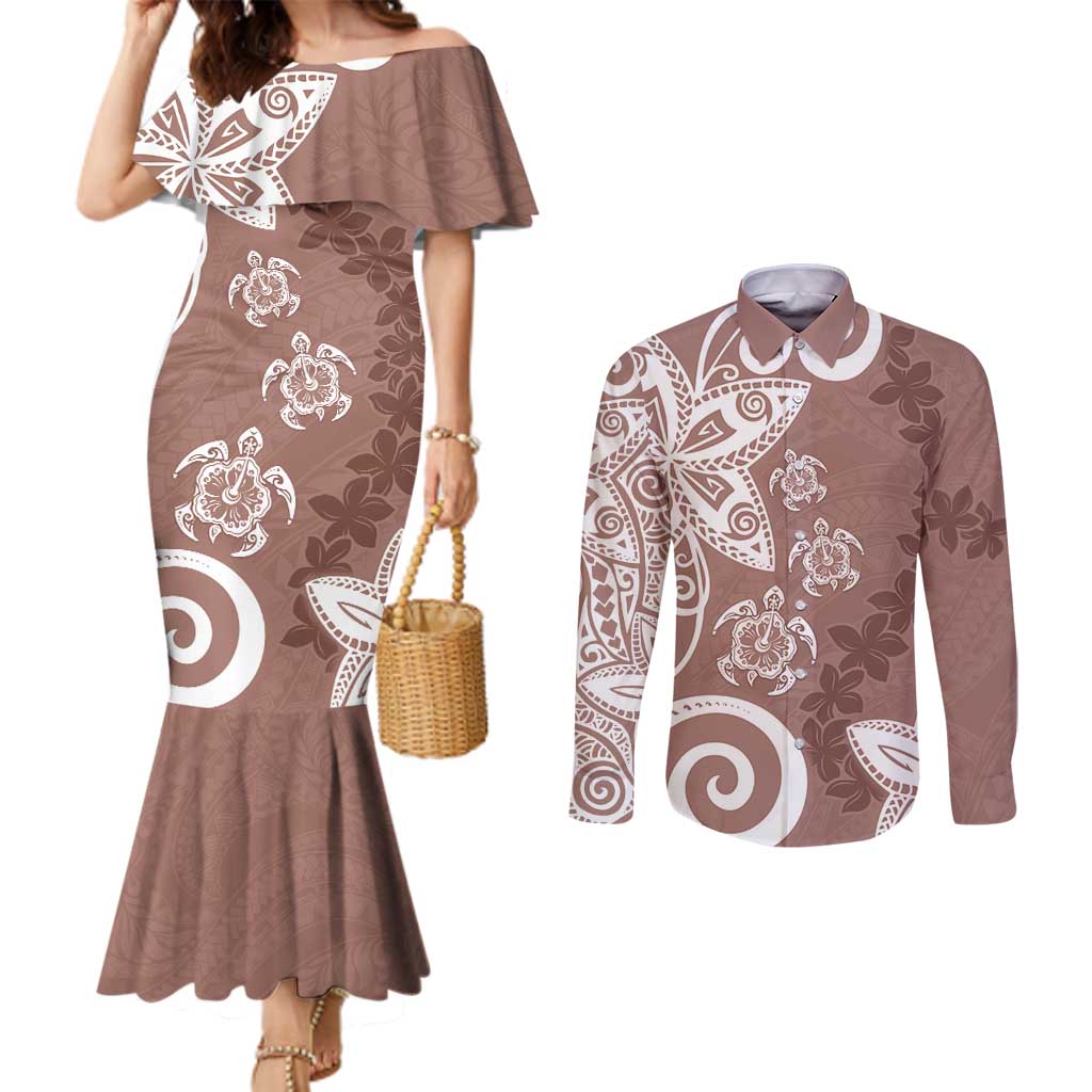 Polynesia Couples Matching Mermaid Dress and Long Sleeve Button Shirt Brown Tribal Turtle Floral Pattern LT05 Brown - Polynesian Pride