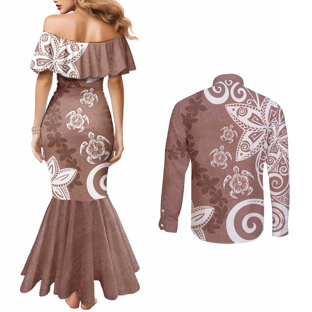 Polynesia Couples Matching Mermaid Dress and Long Sleeve Button Shirt Brown Tribal Turtle Floral Pattern LT05 - Polynesian Pride