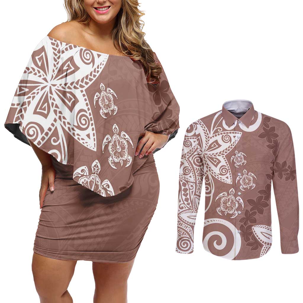 Polynesia Couples Matching Off Shoulder Short Dress and Long Sleeve Button Shirt Brown Tribal Turtle Floral Pattern LT05 Brown - Polynesian Pride