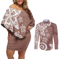 Polynesia Couples Matching Off Shoulder Short Dress and Long Sleeve Button Shirt Brown Tribal Turtle Floral Pattern LT05 Brown - Polynesian Pride