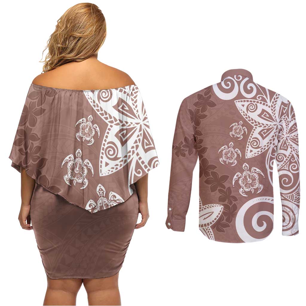Polynesia Couples Matching Off Shoulder Short Dress and Long Sleeve Button Shirt Brown Tribal Turtle Floral Pattern LT05 - Polynesian Pride