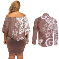 Polynesia Couples Matching Off Shoulder Short Dress and Long Sleeve Button Shirt Brown Tribal Turtle Floral Pattern LT05 - Polynesian Pride