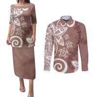 Polynesia Couples Matching Puletasi and Long Sleeve Button Shirt Brown Tribal Turtle Floral Pattern LT05 Brown - Polynesian Pride