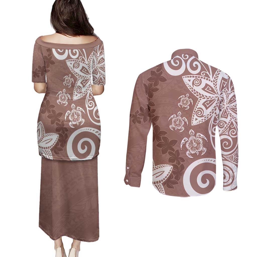 Polynesia Couples Matching Puletasi and Long Sleeve Button Shirt Brown Tribal Turtle Floral Pattern LT05 - Polynesian Pride