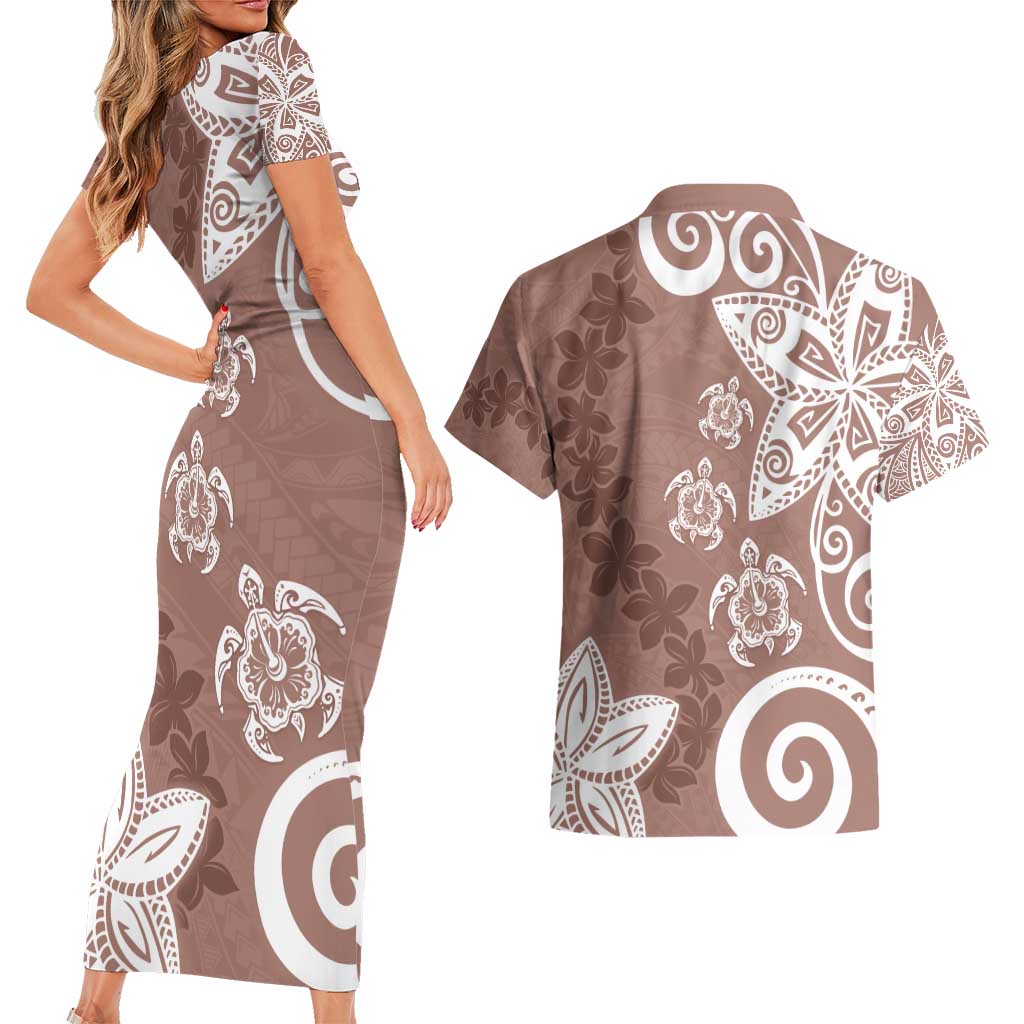 Polynesia Couples Matching Short Sleeve Bodycon Dress and Hawaiian Shirt Brown Tribal Turtle Floral Pattern